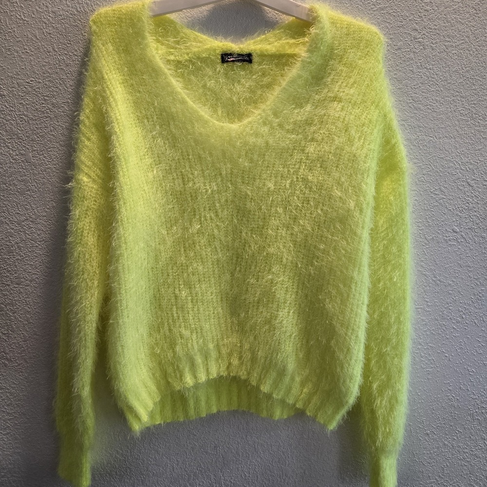 Y2K Neon Fuzzy Sweater Freshman 1996‎ Lime Green YellowSoft Fluffy V Neck Small